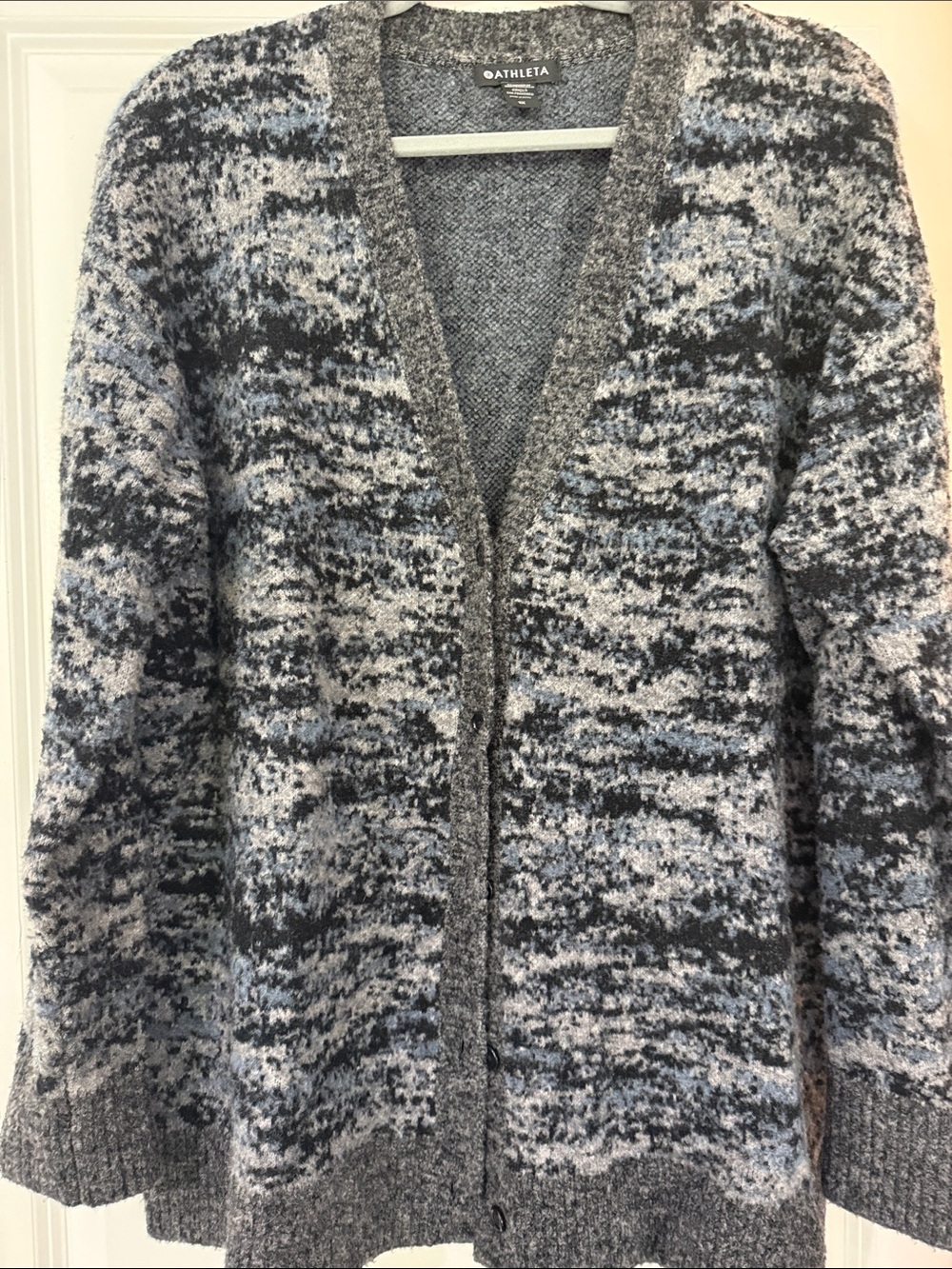 Athleta Gray and Light Blue Marled Wool Cardigan Sweater